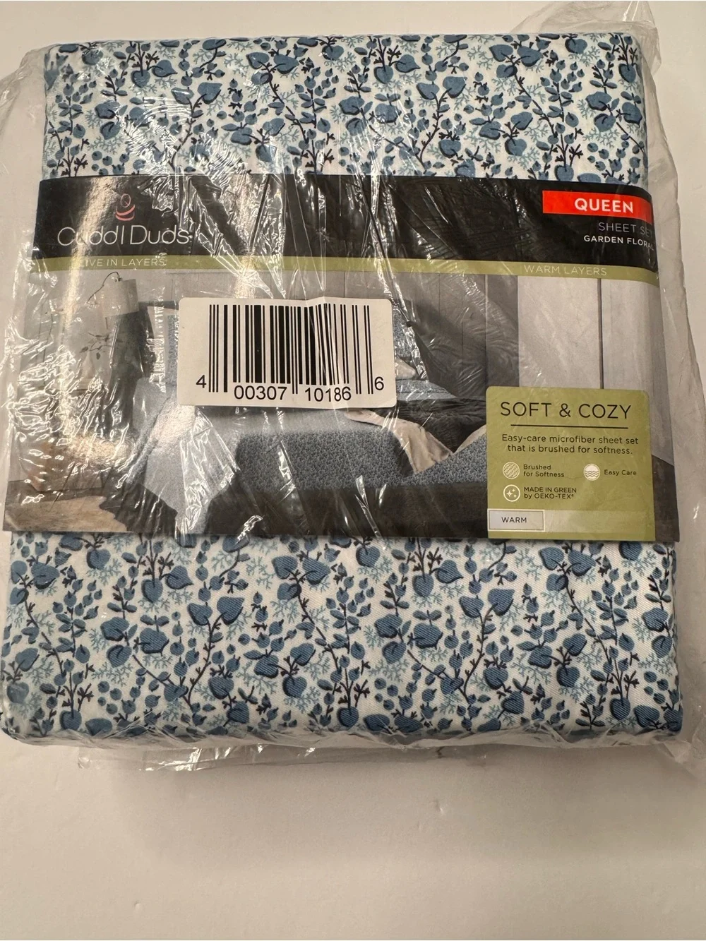 Cuddl Duds Blue Floral Cotton Queen 4pc Sheet Set